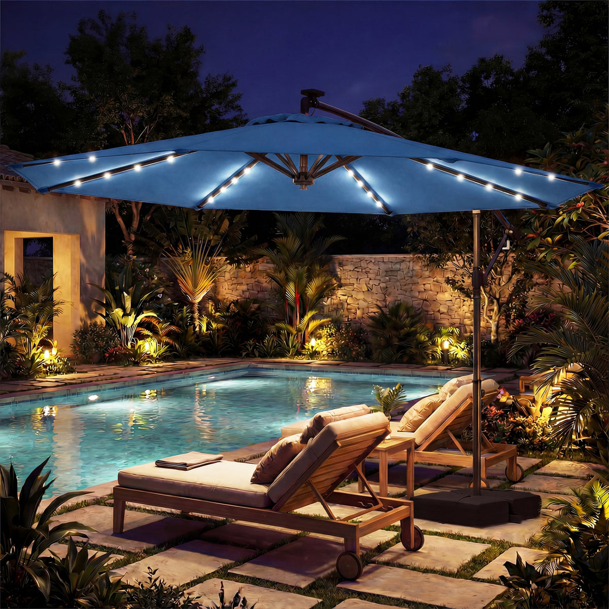 10 FT Solar LED Offset Cantilever Patio Umbrella Hanging Outdoor Market Umbrella-Navy