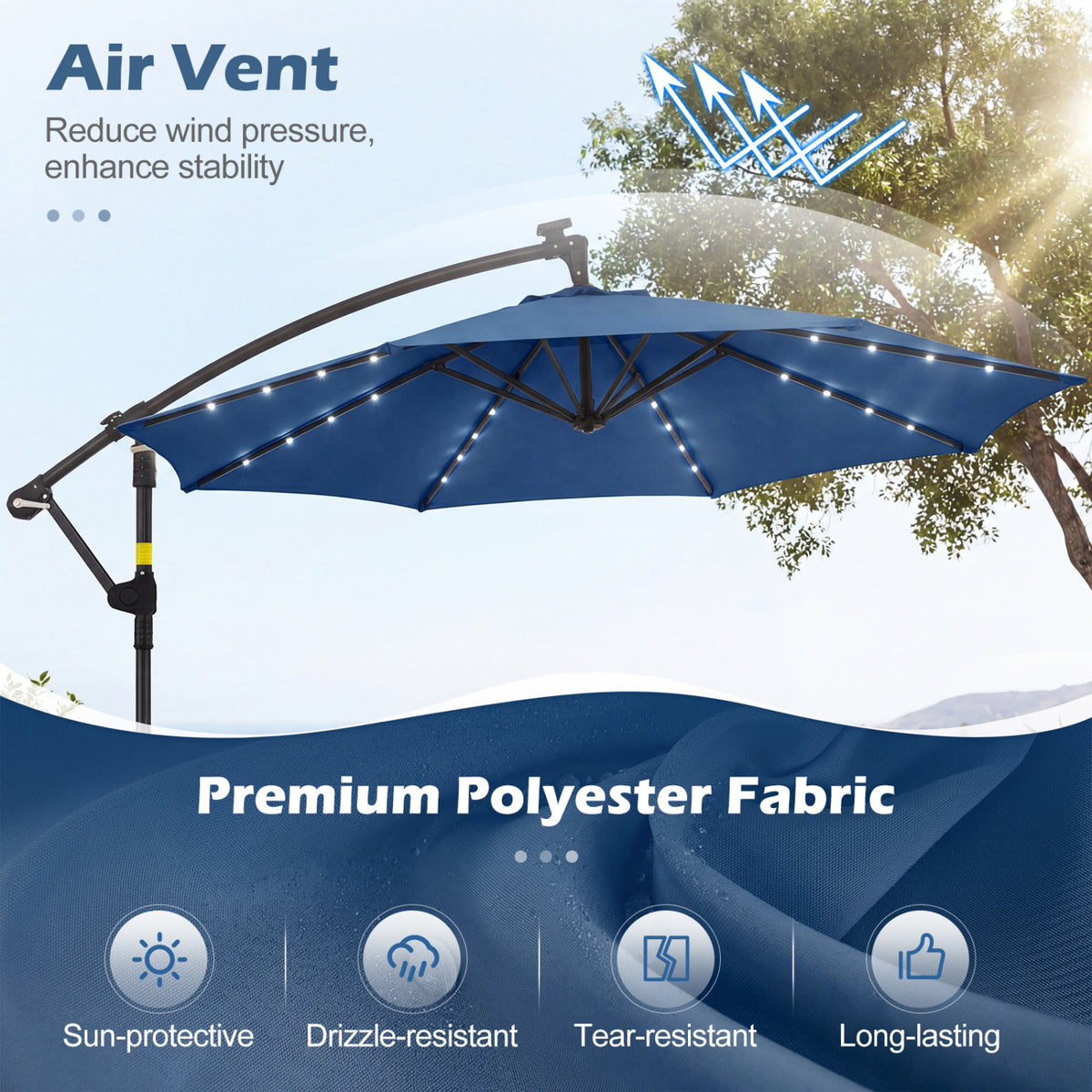 10 FT Solar LED Offset Cantilever Patio Umbrella Hanging Outdoor Market Umbrella-Navy