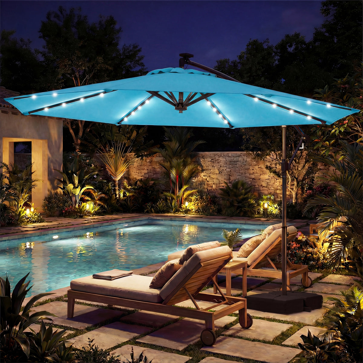 10 FT Solar LED Offset Cantilever Patio Umbrella Hanging Outdoor Market Umbrella-Turquoise