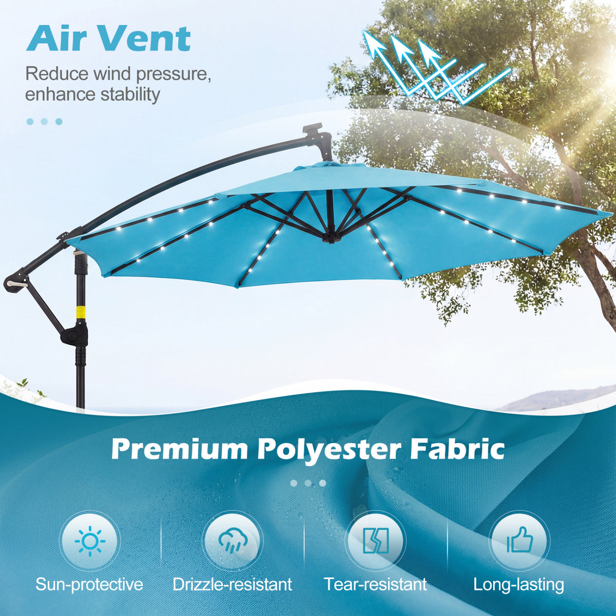 10 FT Solar LED Offset Cantilever Patio Umbrella Hanging Outdoor Market Umbrella-Turquoise