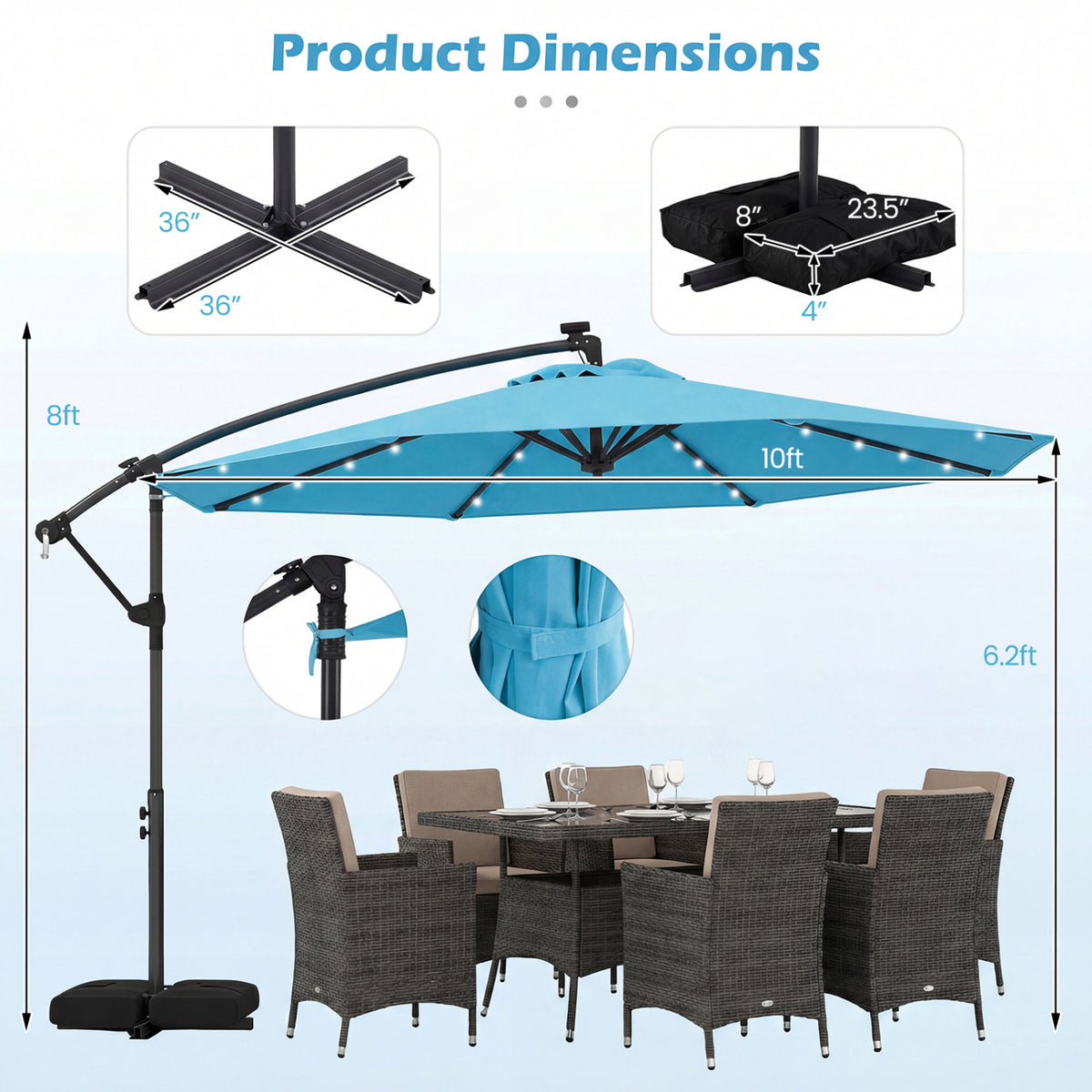 10 FT Solar LED Offset Cantilever Patio Umbrella Hanging Outdoor Market Umbrella-Turquoise