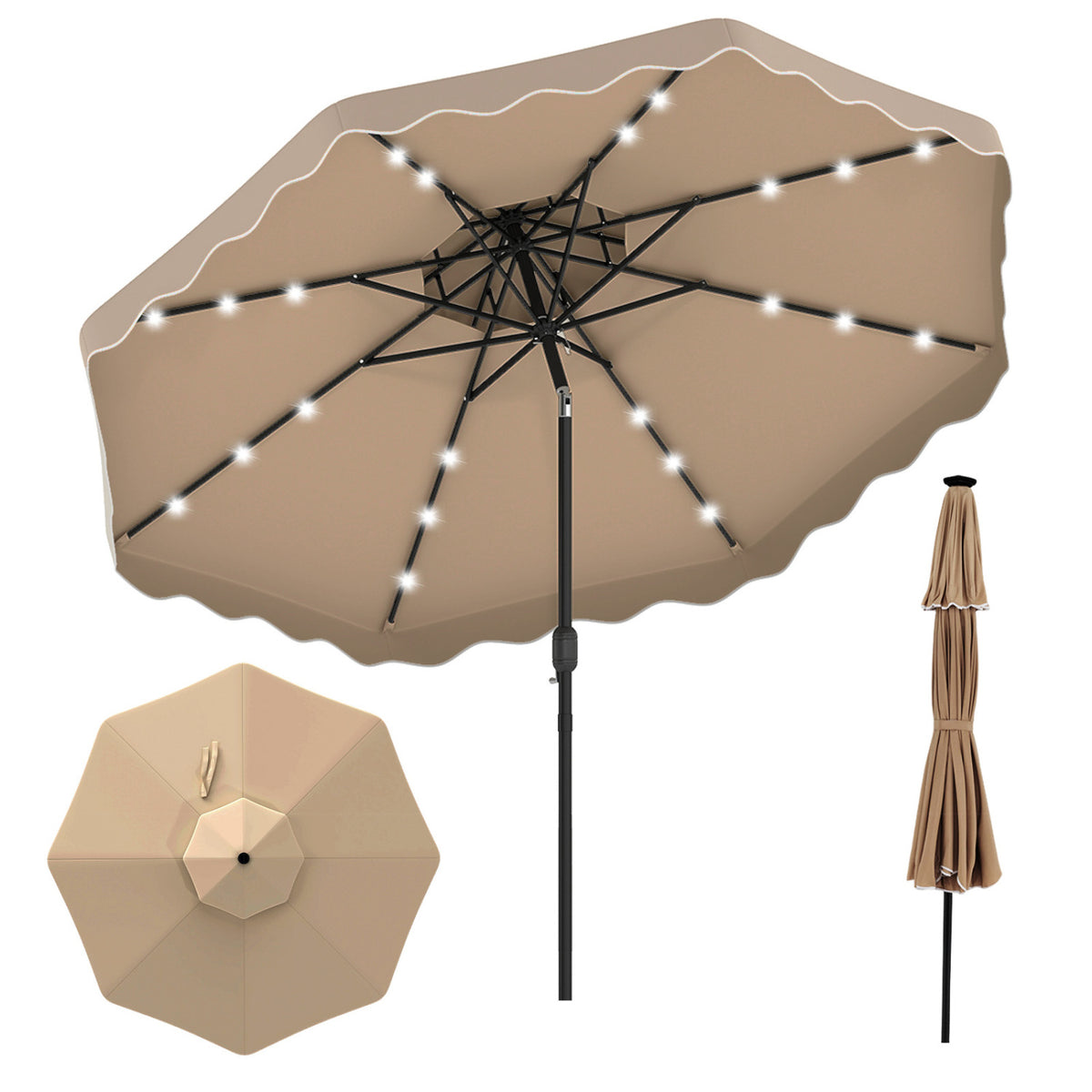 10 FT Solar LED Patio Umbrella for Deck and Pool-Brown