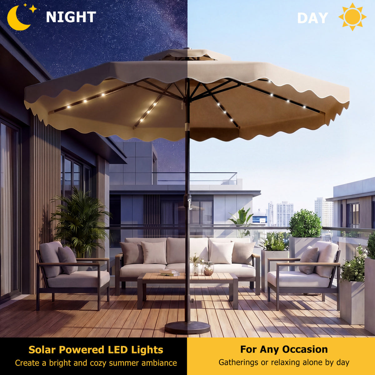 10 FT Solar LED Patio Umbrella for Deck and Pool-Brown