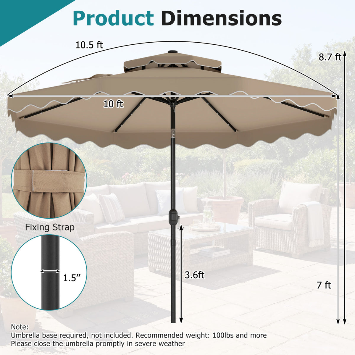 10 FT Solar LED Patio Umbrella for Deck and Pool-Brown