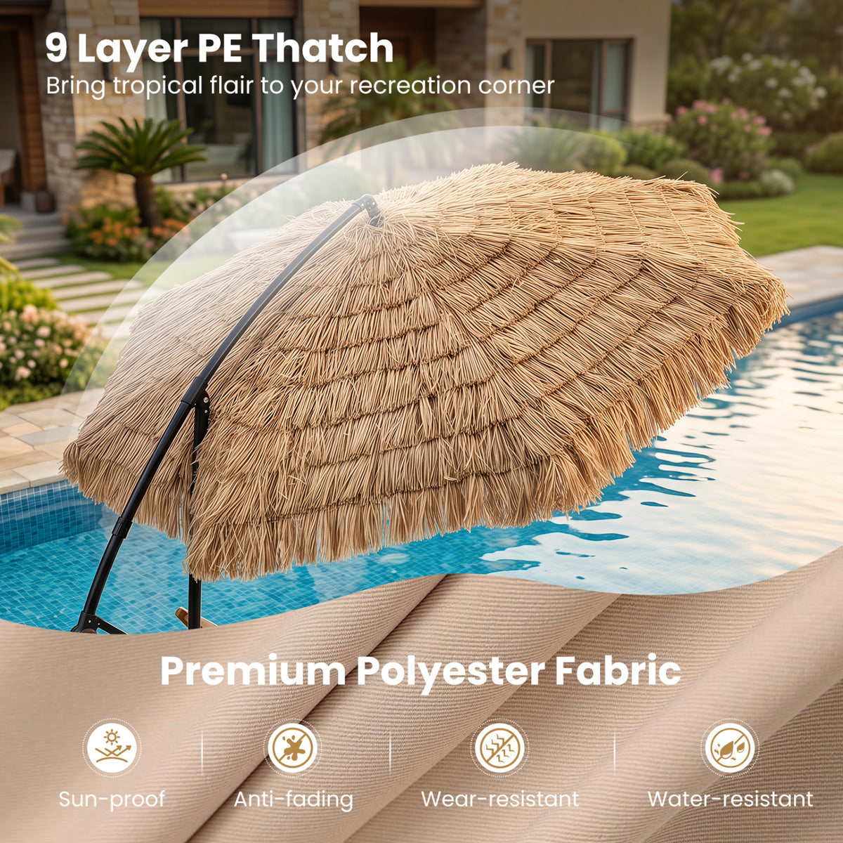 10 FT Solar Thatched Cantilever Umbrella with 12 Modes and Crank Lift-Brown