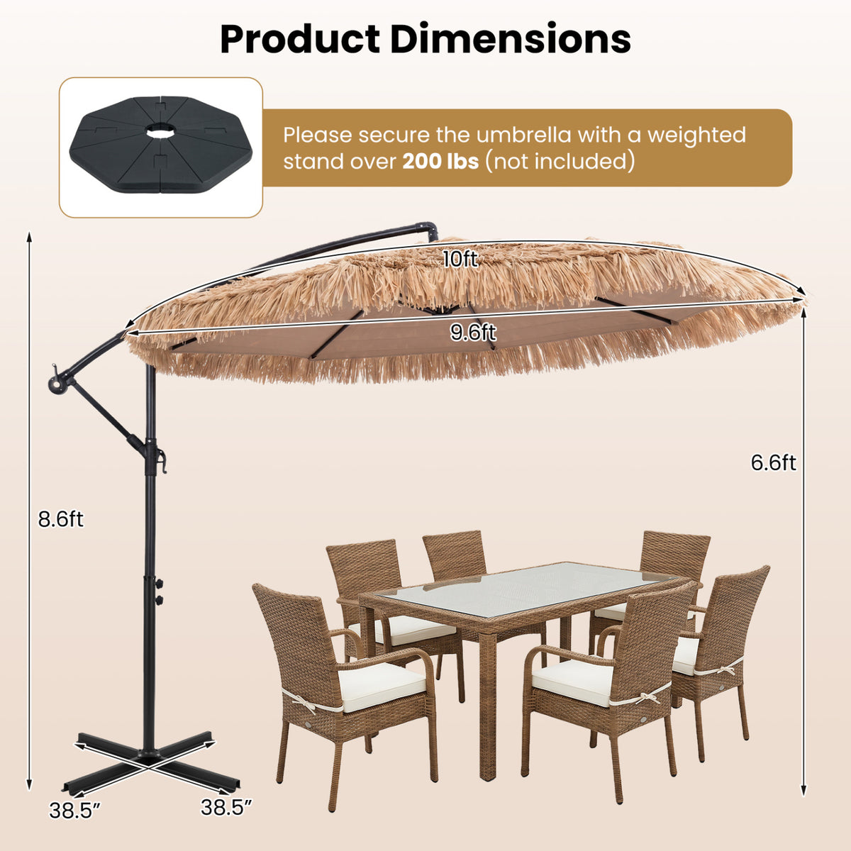 10 FT Solar Thatched Cantilever Umbrella with 12 Modes and Crank Lift-Brown
