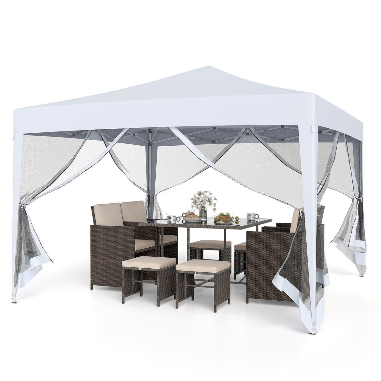 10 FT x 10 FT Pop-Up Canopy Tent Easy Setup Instant Folding Shelter with Mesh Netting-White