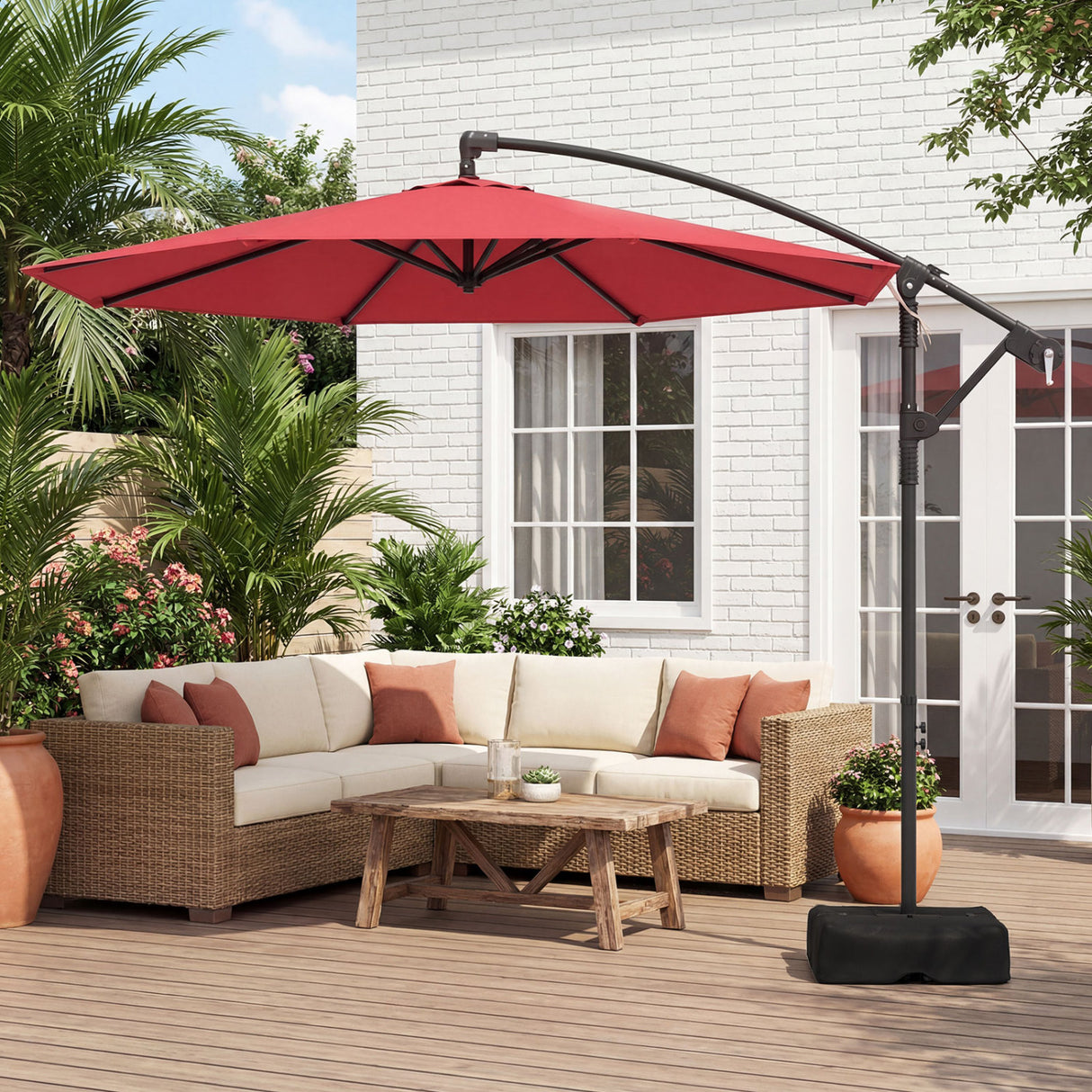 10 Feet Offset Hanging Umbrella with Base Patio Cantilever Umbrella with Tilt-Red