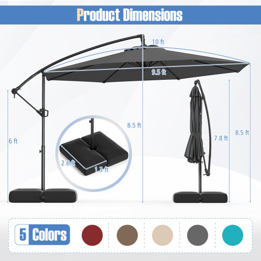 10 Feet Offset Hanging Umbrella with Base Patio Cantilever Umbrella with Tilt-Gray