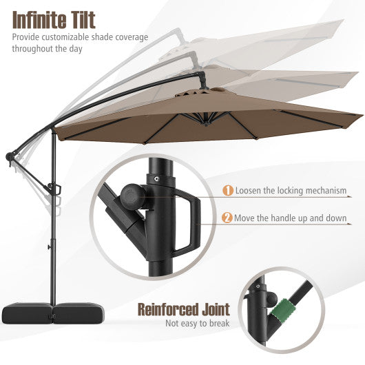 10 Feet Offset Hanging Umbrella with Base Patio Cantilever Umbrella with Tilt-Gray