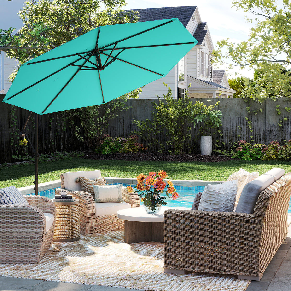10 Feet Offset Umbrella with 8 Ribs Cantilever and Cross Base-Turquoise