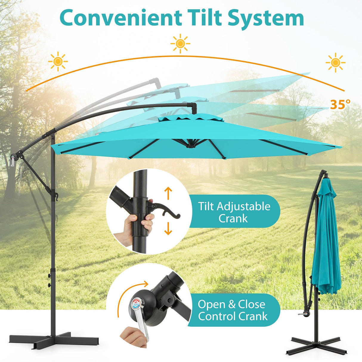 10 Feet Offset Umbrella with 8 Ribs Cantilever and Cross Base-Turquoise by DirectDeals