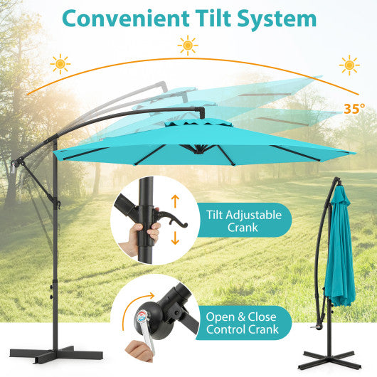 10 Feet Offset Umbrella with 8 Ribs Cantilever and Cross Base-Turquoise
