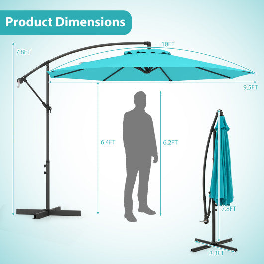 10 Feet Offset Umbrella with 8 Ribs Cantilever and Cross Base-Turquoise