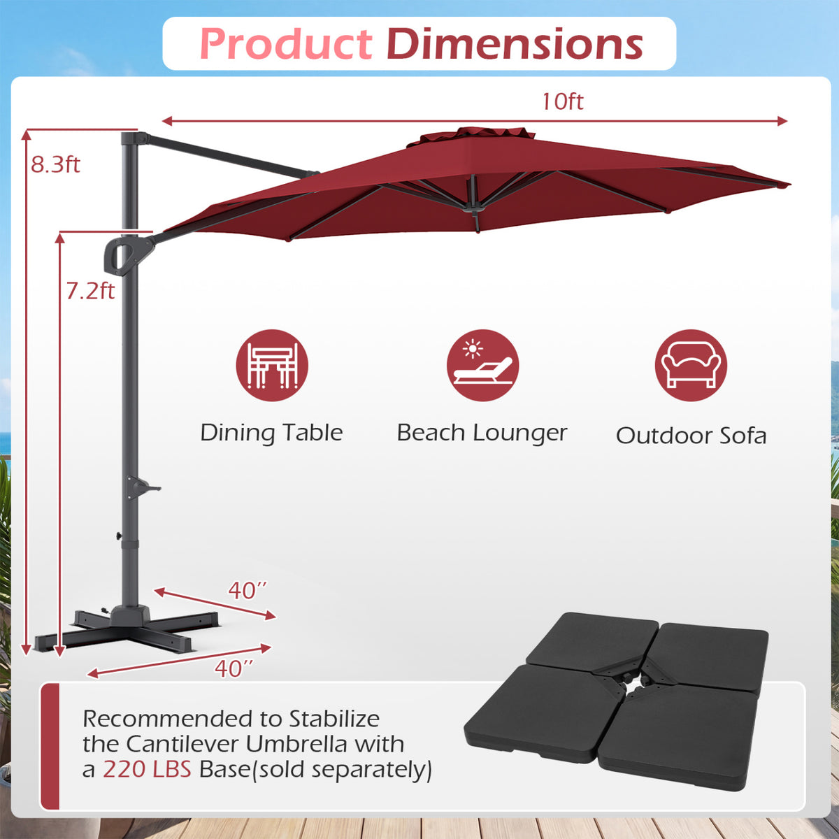 10 Feet Patio Cantilever Umbrella with Easy Tilt Adjustment-Wine