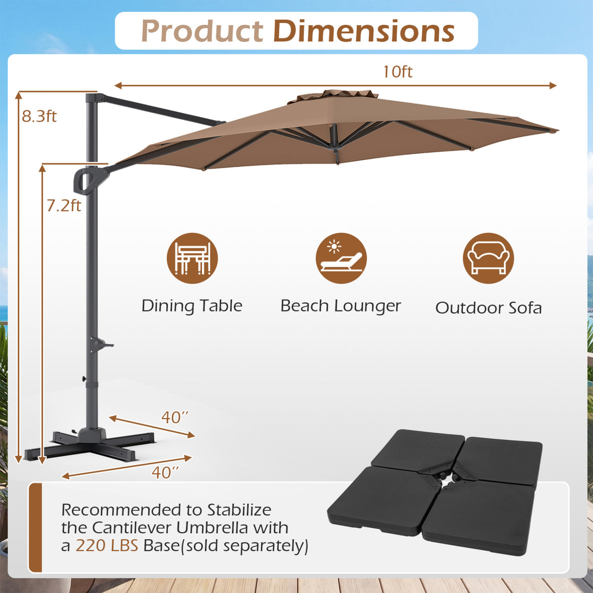 10 Feet Patio Cantilever Umbrella with Easy Tilt Adjustment-Brown