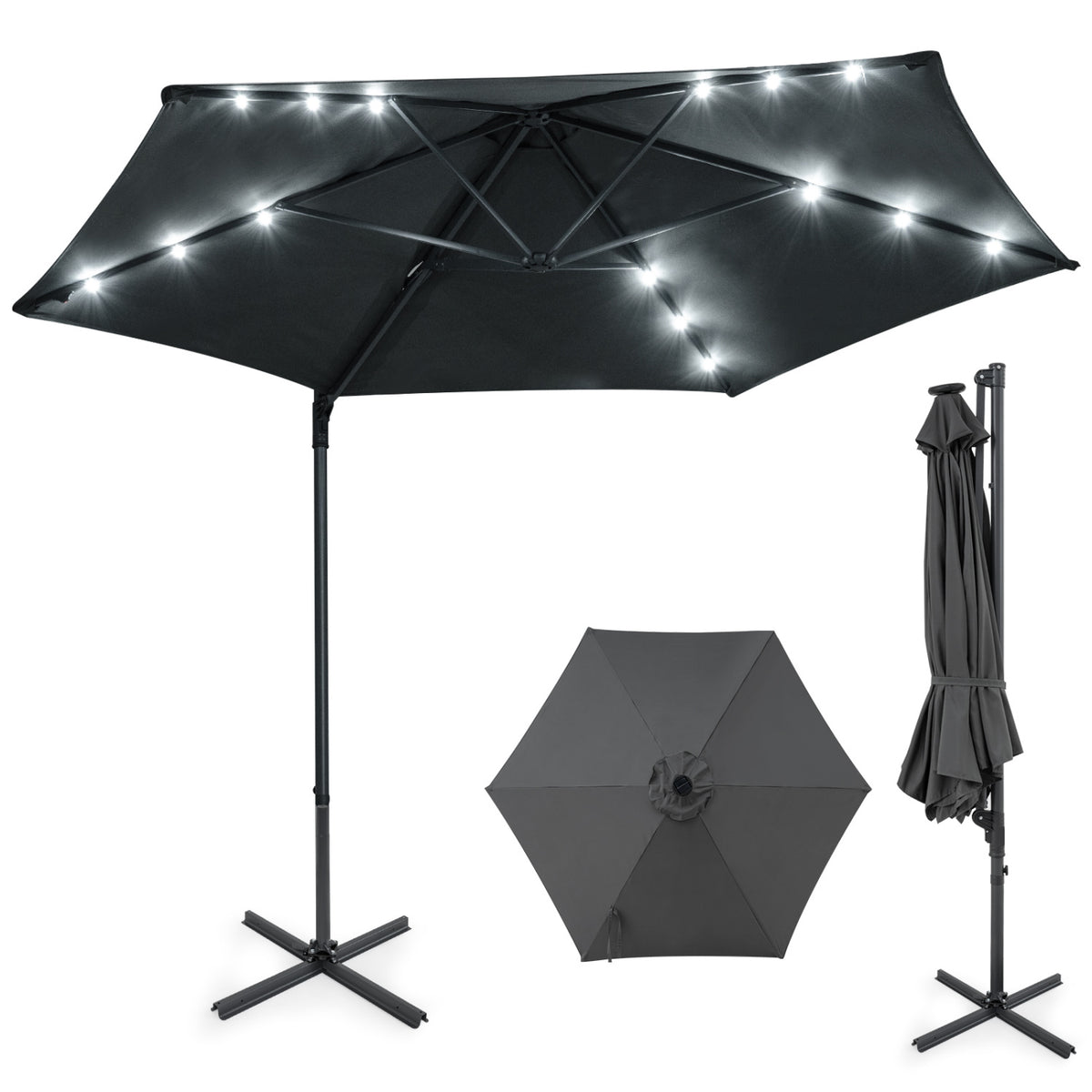 10 Feet Patio Cantilever Umbrella with Solar LED Lights-Gray