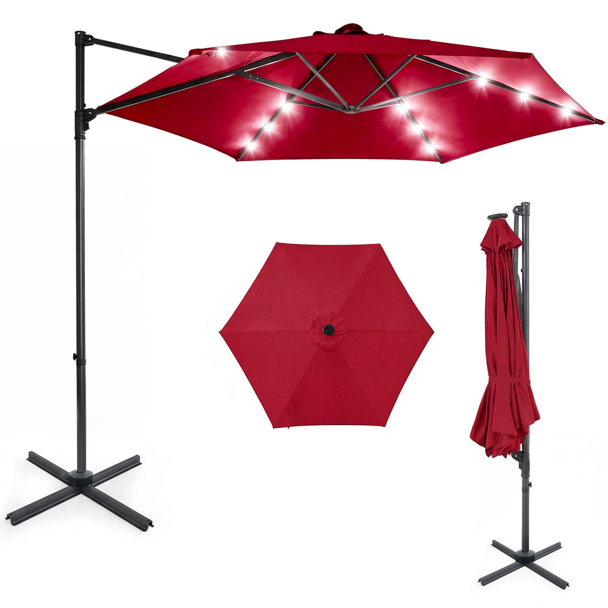 10 Feet Patio Cantilever Umbrella with Solar LED Lights-Wine