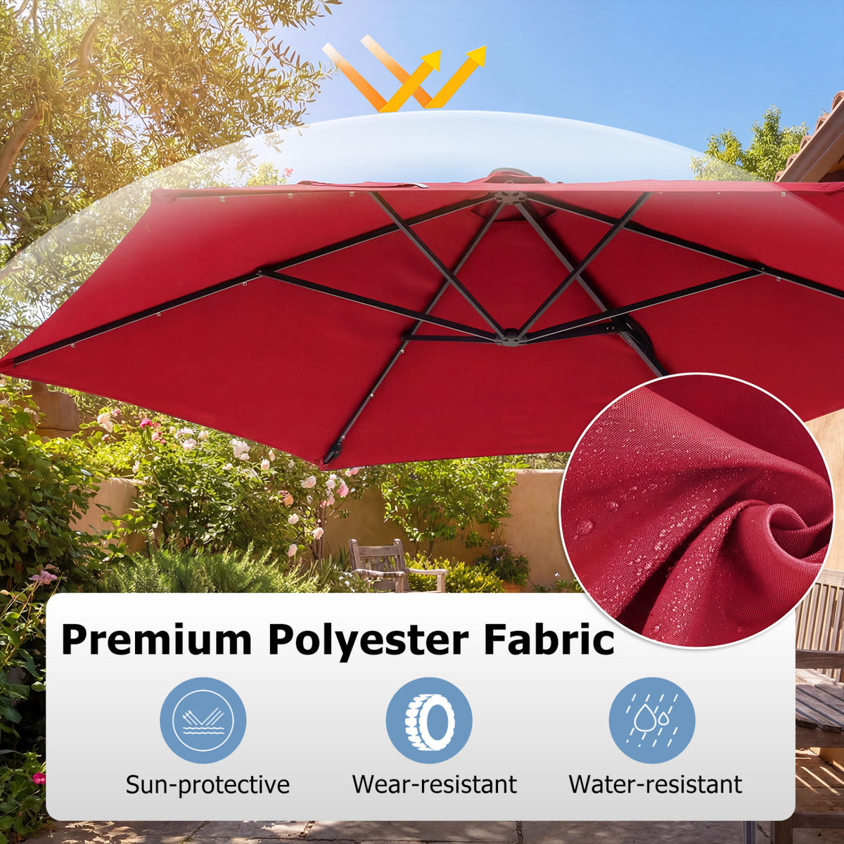 10 Feet Patio Cantilever Umbrella with Solar LED Lights-Wine