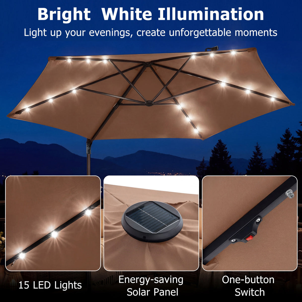 10 Feet Patio Cantilever Umbrella with Solar LED Lights-Tan