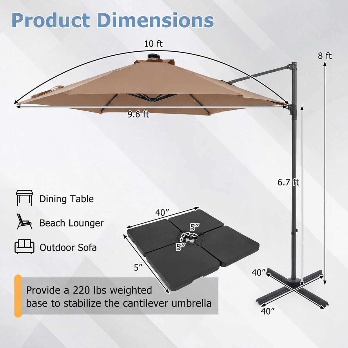 10 Feet Patio Cantilever Umbrella with Solar LED Lights-Tan