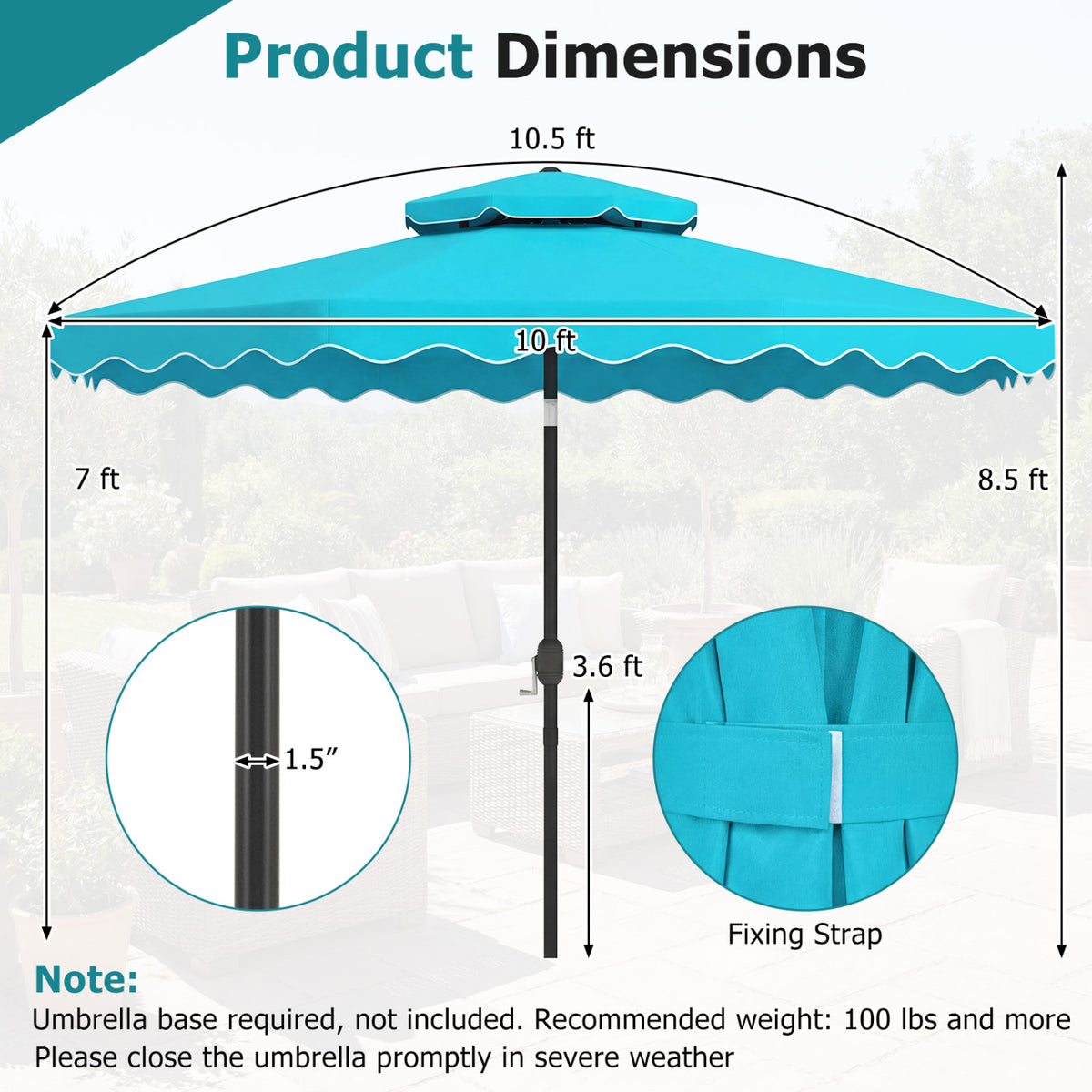 10 Feet Patio Umbrella with Push Button Tilt and Crank-Turquoise