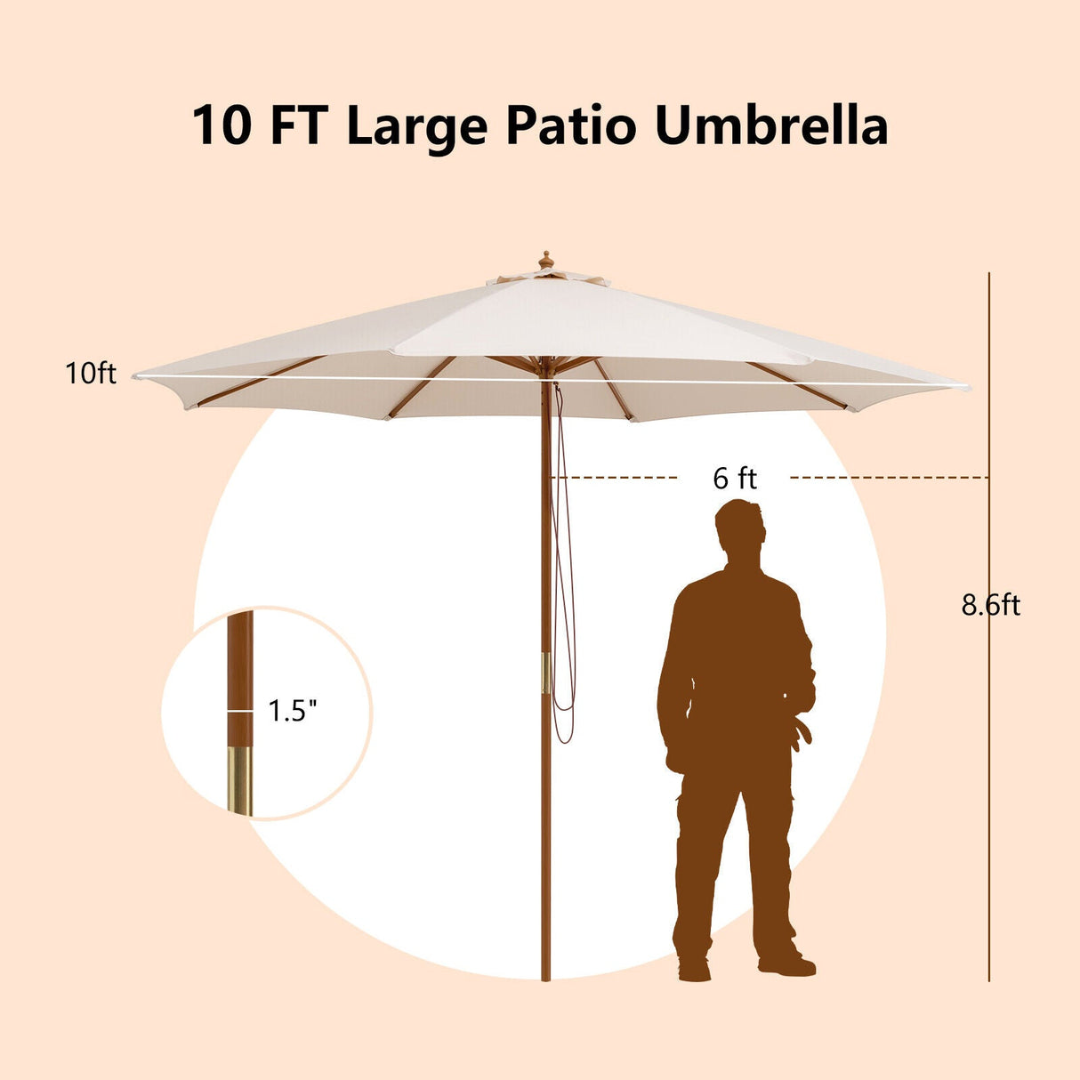 10 Feet Patio Umbrella with 8 Wooden Ribs and 3 Adjustable Heights-Beige by DirectDeals