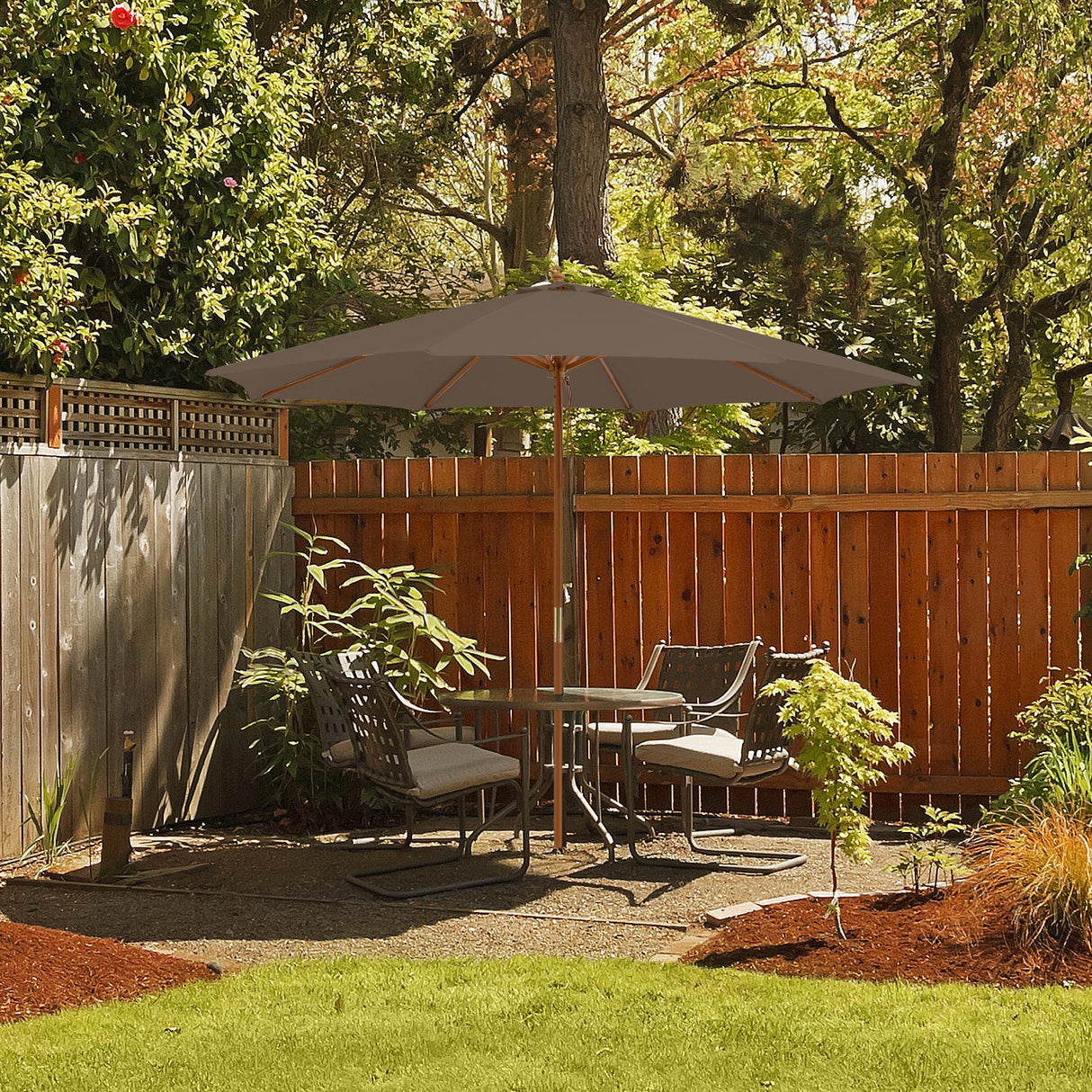 10 Feet Patio Umbrella with 8 Wooden Ribs and 3 Adjustable Heights-Brown by DirectDeals