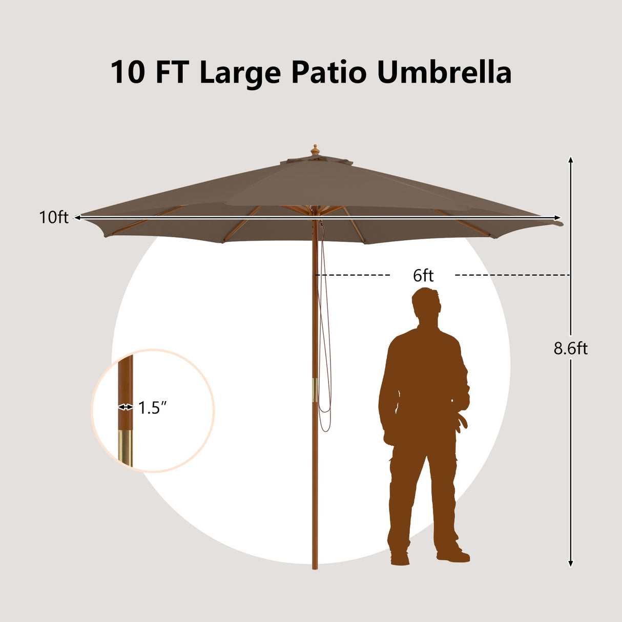 10 Feet Patio Umbrella with 8 Wooden Ribs and 3 Adjustable Heights-Brown by DirectDeals