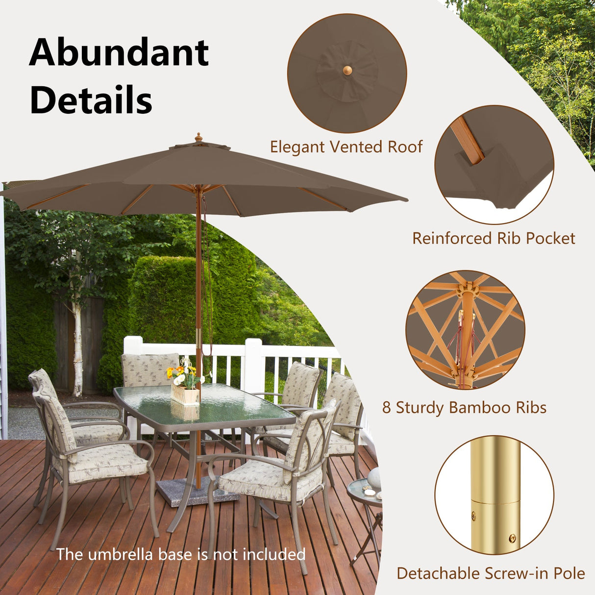 10 Feet Patio Umbrella with 8 Wooden Ribs and 3 Adjustable Heights-Brown by DirectDeals