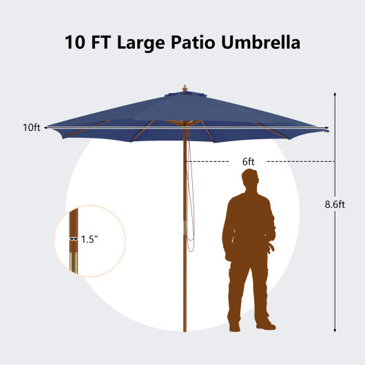 10 Feet Patio Umbrella with 8 Wooden Ribs and 3 Adjustable Heights-Navy