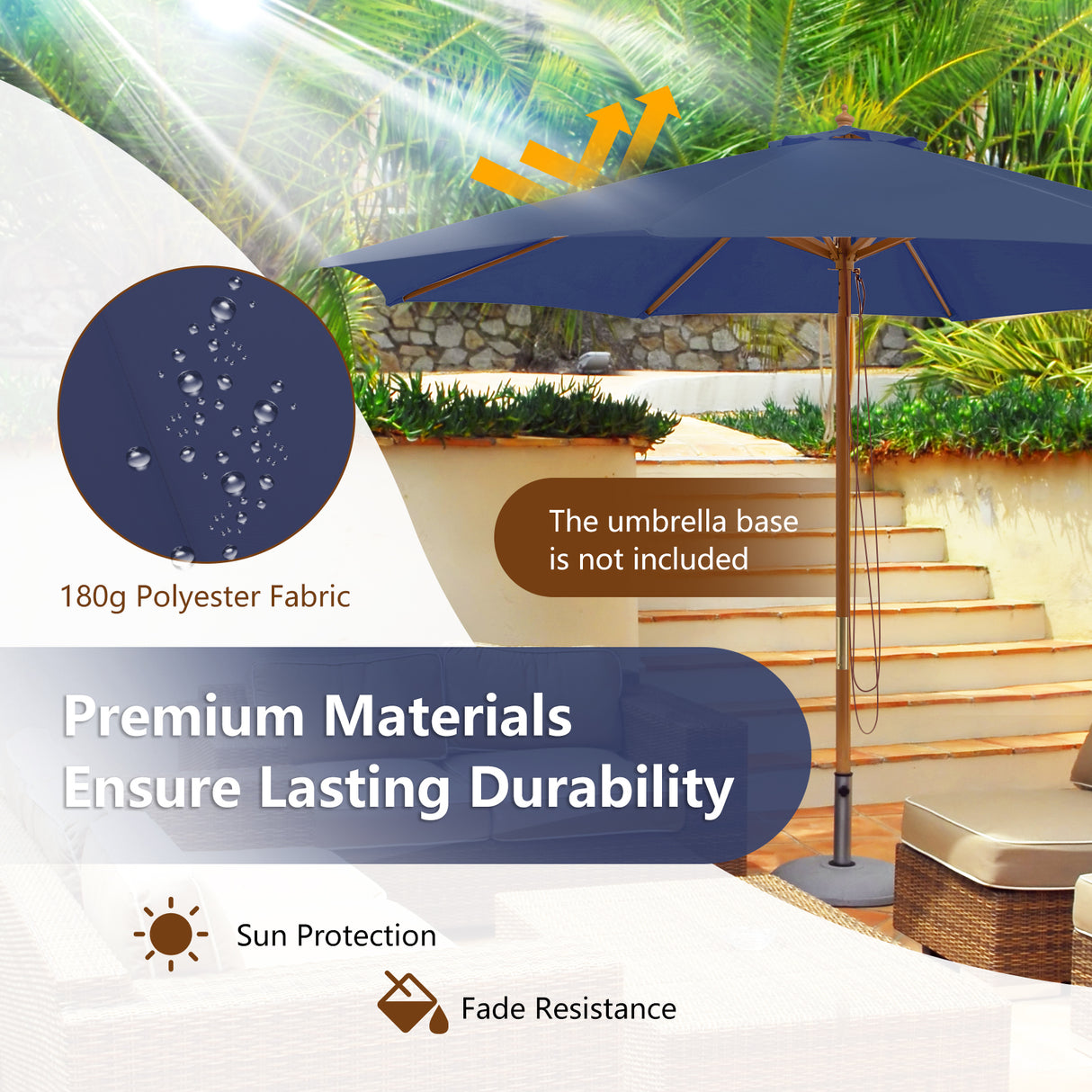 10 Feet Patio Umbrella with 8 Wooden Ribs and 3 Adjustable Heights-Navy