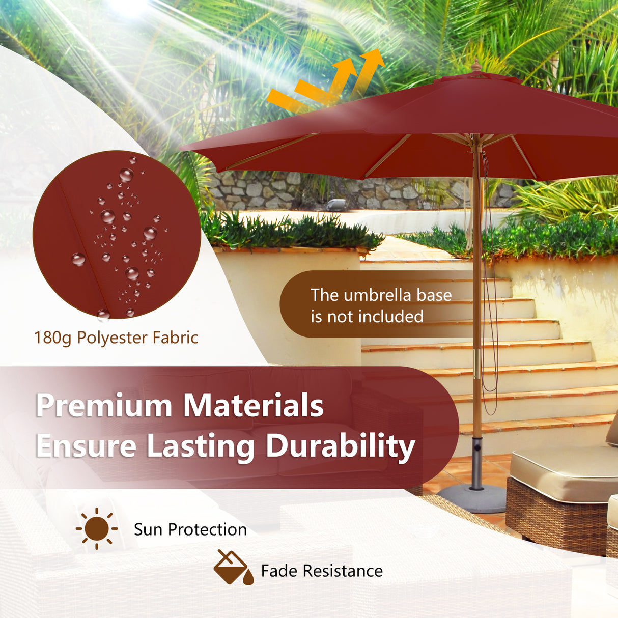 10 Feet Patio Umbrella with 8 Wooden Ribs and 3 Adjustable Heights-Wine