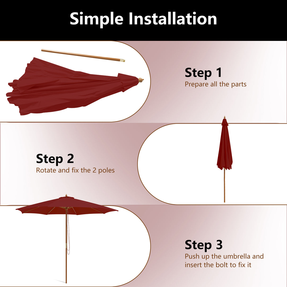 10 Feet Patio Umbrella with 8 Wooden Ribs and 3 Adjustable Heights-Wine