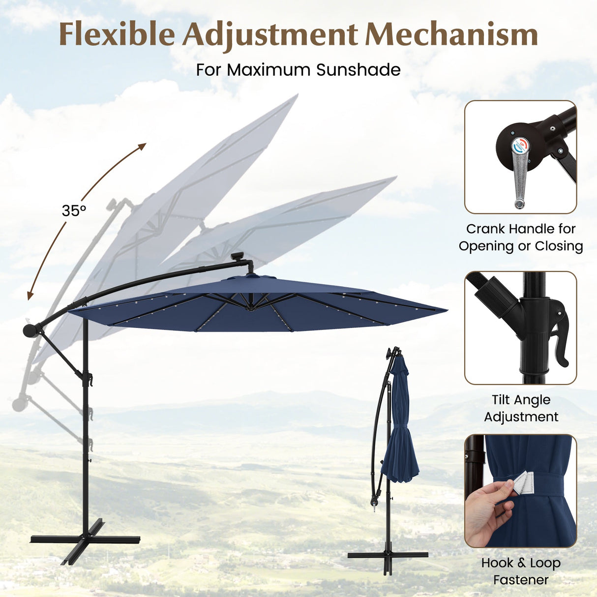 10 Feet Solar LED Offset Umbrella with 40 Lights and Cross Base for Patio-Blue by DirectDeals