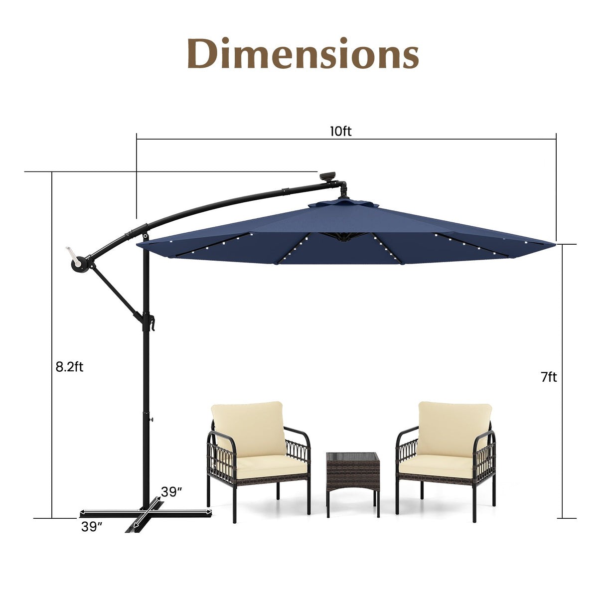 10 Feet Solar LED Offset Umbrella with 40 Lights and Cross Base for Patio-Blue by DirectDeals