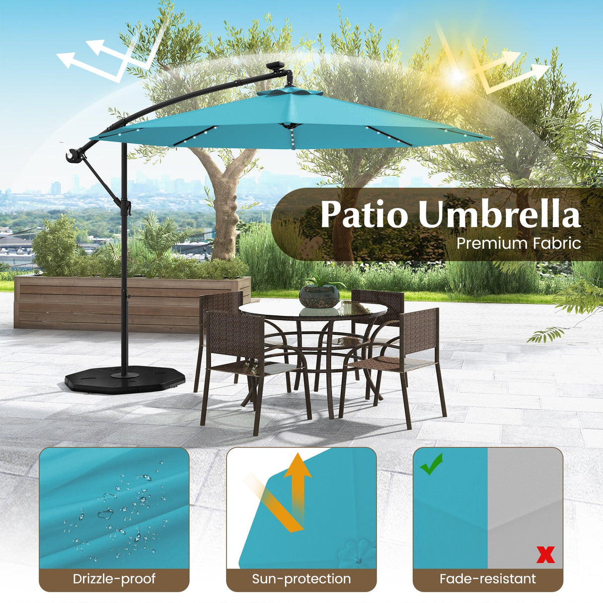 10 Feet Solar LED Offset Umbrella with 40 Lights and Cross Base for Patio-Turquoise by DirectDeals