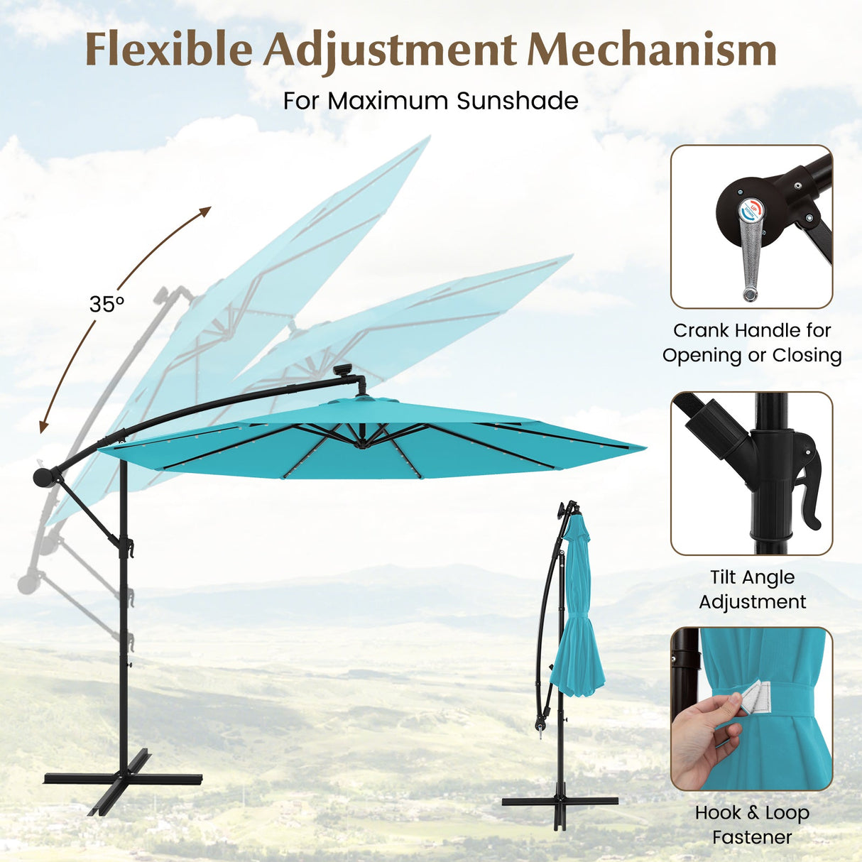 10 Feet Solar LED Offset Umbrella with 40 Lights and Cross Base for Patio-Turquoise by DirectDeals