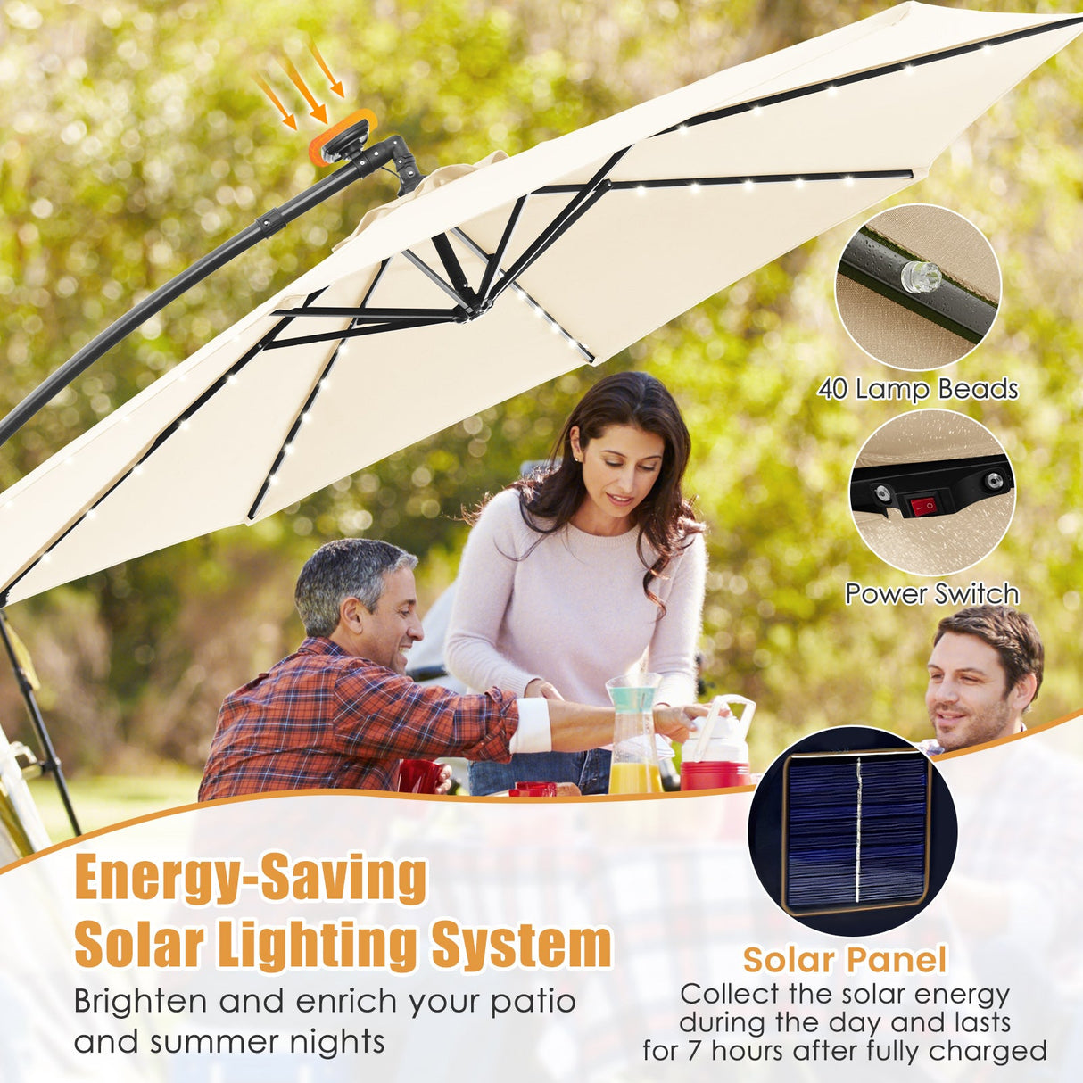 10 Feet Solar Offset Hanging Umbrella with 40 Lamp Beads and Solar Panel-Beige by DirectDeals