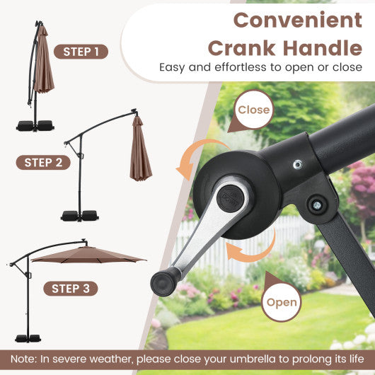 10 Feet Solar Offset Hanging Umbrella with Base and LED Lights-Coffee