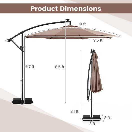 10 Feet Solar Offset Hanging Umbrella with Base and LED Lights-Coffee