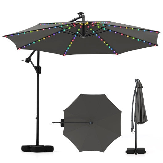 10 Feet Solar Offset Hanging Umbrella with Base and LED Lights-Gray