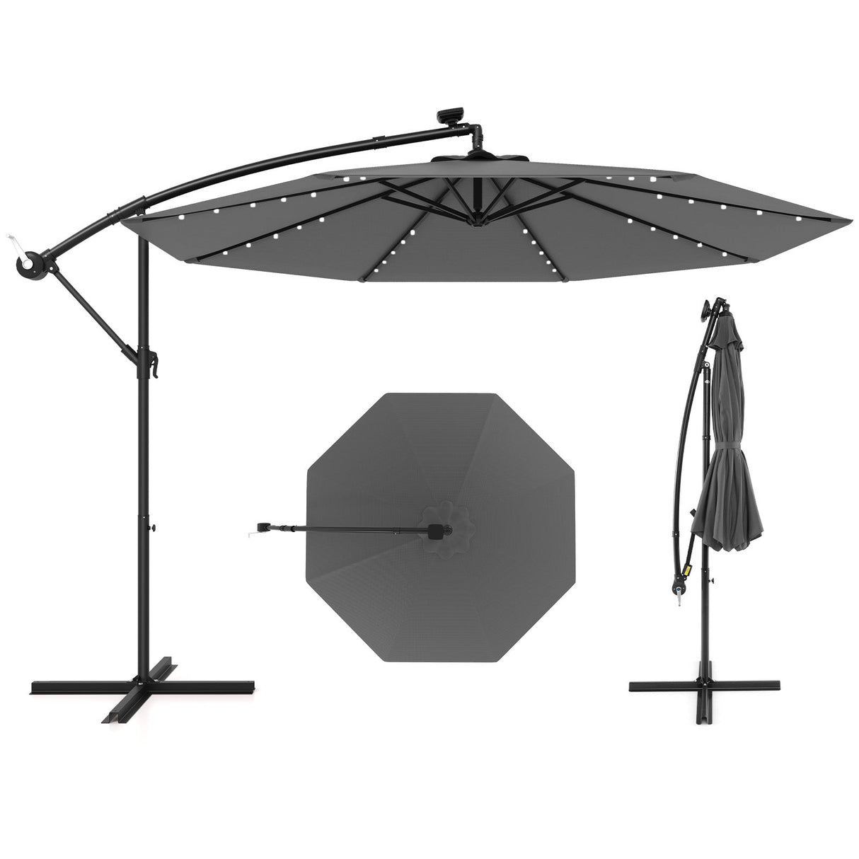 10 Feet Solar Offset Hanging Umbrella with 40 Lamp Beads and Solar Panel-Gray by DirectDeals