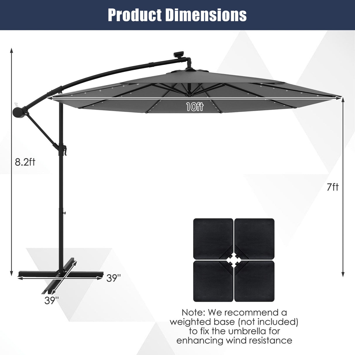 10 Feet Solar Offset Hanging Umbrella with 40 Lamp Beads and Solar Panel-Gray by DirectDeals