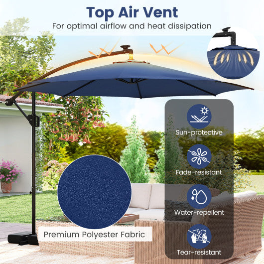 10 Feet Solar Offset Hanging Umbrella with Base and LED Lights-Navy