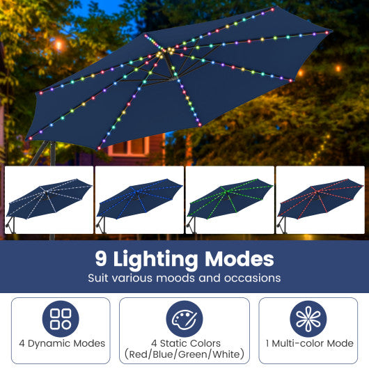 10 Feet Solar Offset Hanging Umbrella with Base and LED Lights-Gray