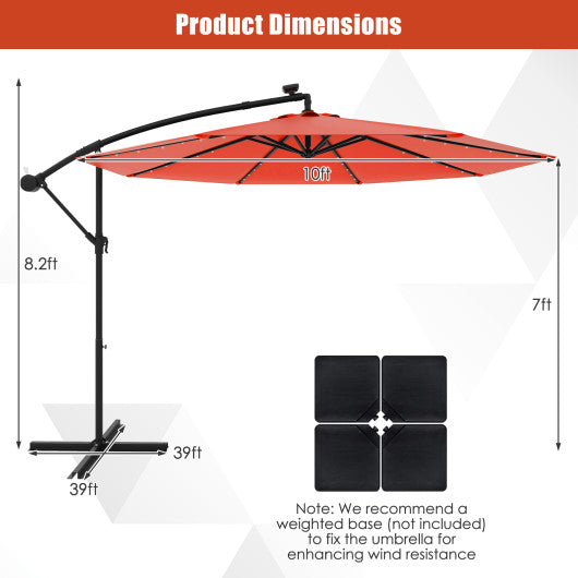 10 Feet Solar Offset Hanging Umbrella with 40 Lamp Beads and Solar Panel-Orange