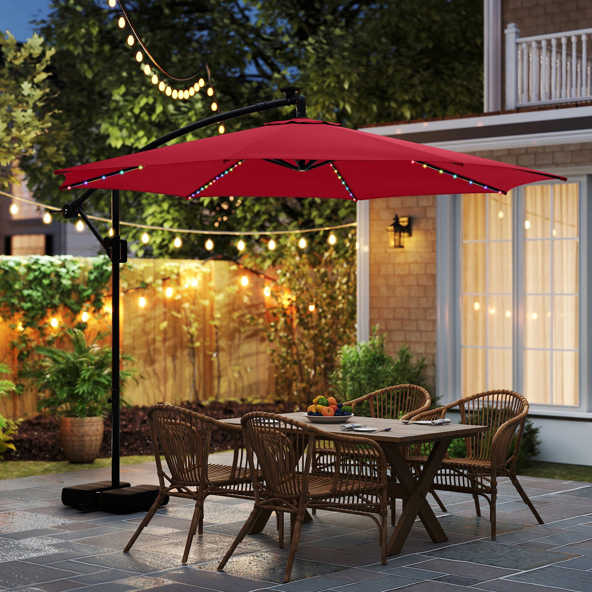 10 Feet Solar Offset Hanging Umbrella with Base and LED Lights-Red by DirectDeals