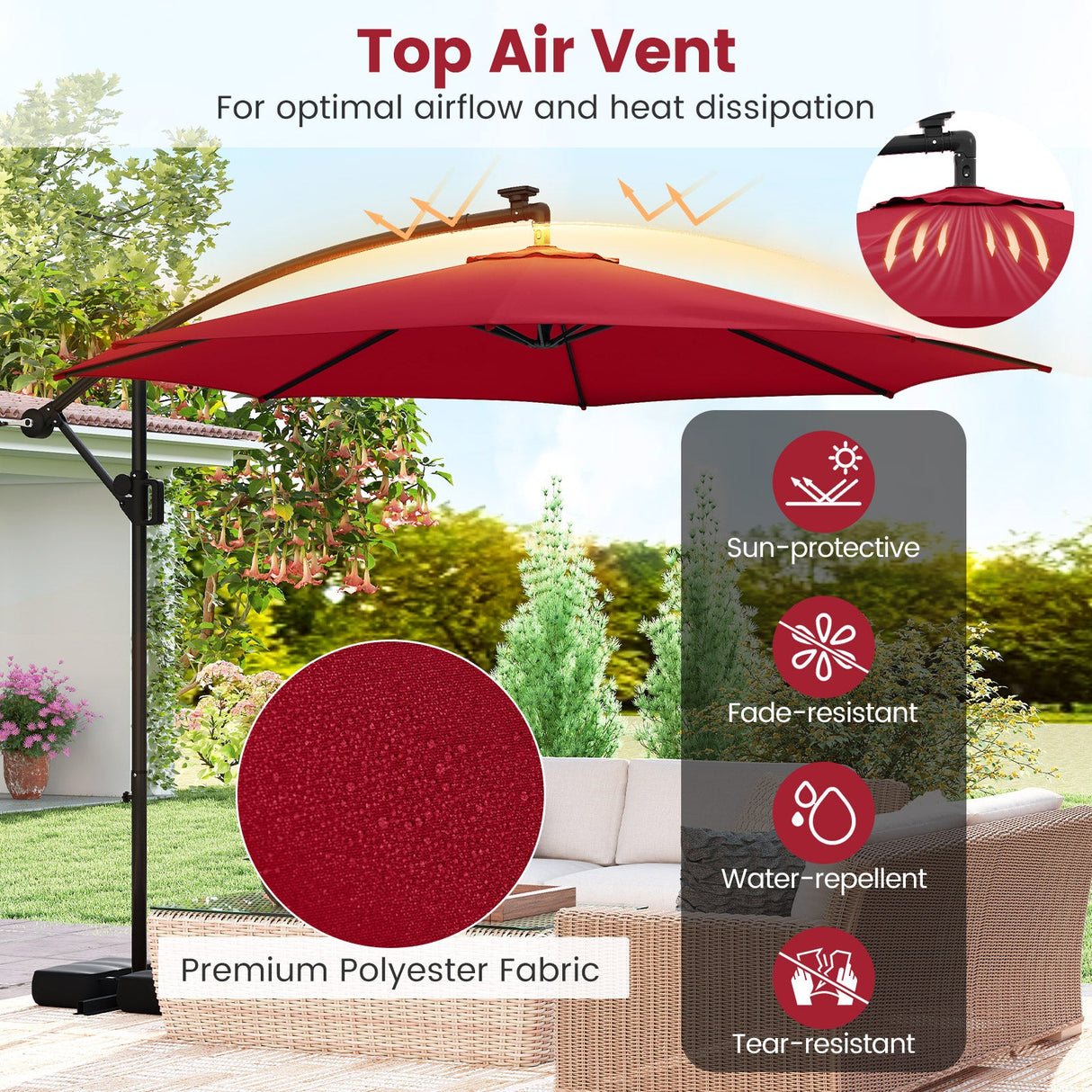 10 Feet Solar Offset Hanging Umbrella with Base and LED Lights-Red by DirectDeals