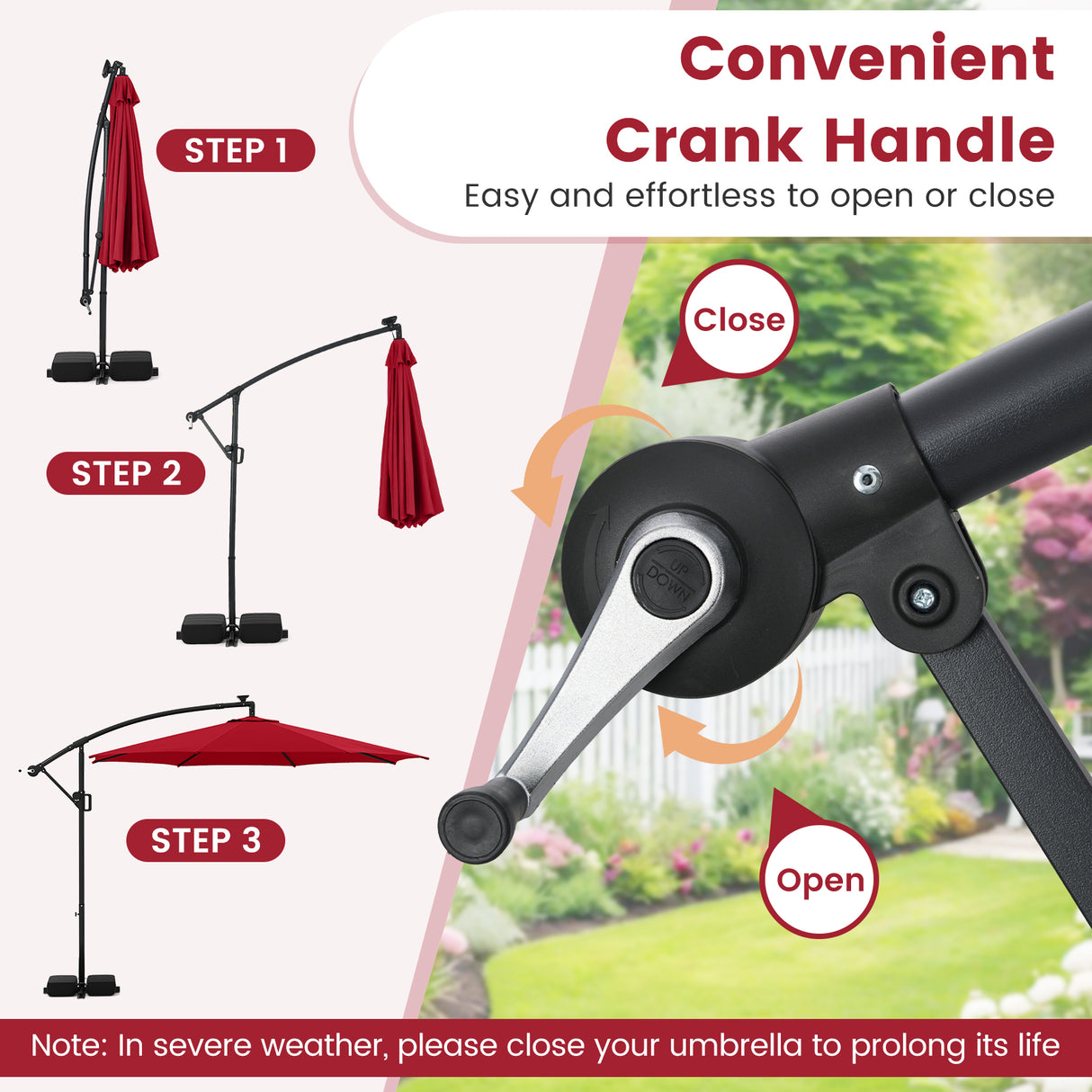 10 Feet Solar Offset Hanging Umbrella with Base and LED Lights-Red